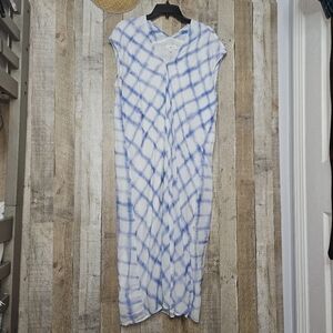 Pullover Short Sleeves Blue Plaid Maxi Beach Dress Beachy Cover-up Size Large